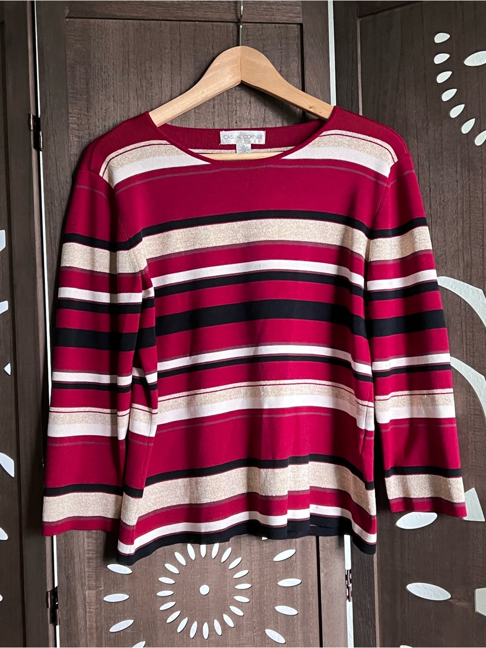 Casual Corner Burgundy Multi-Stripe Long Sleeve Tee